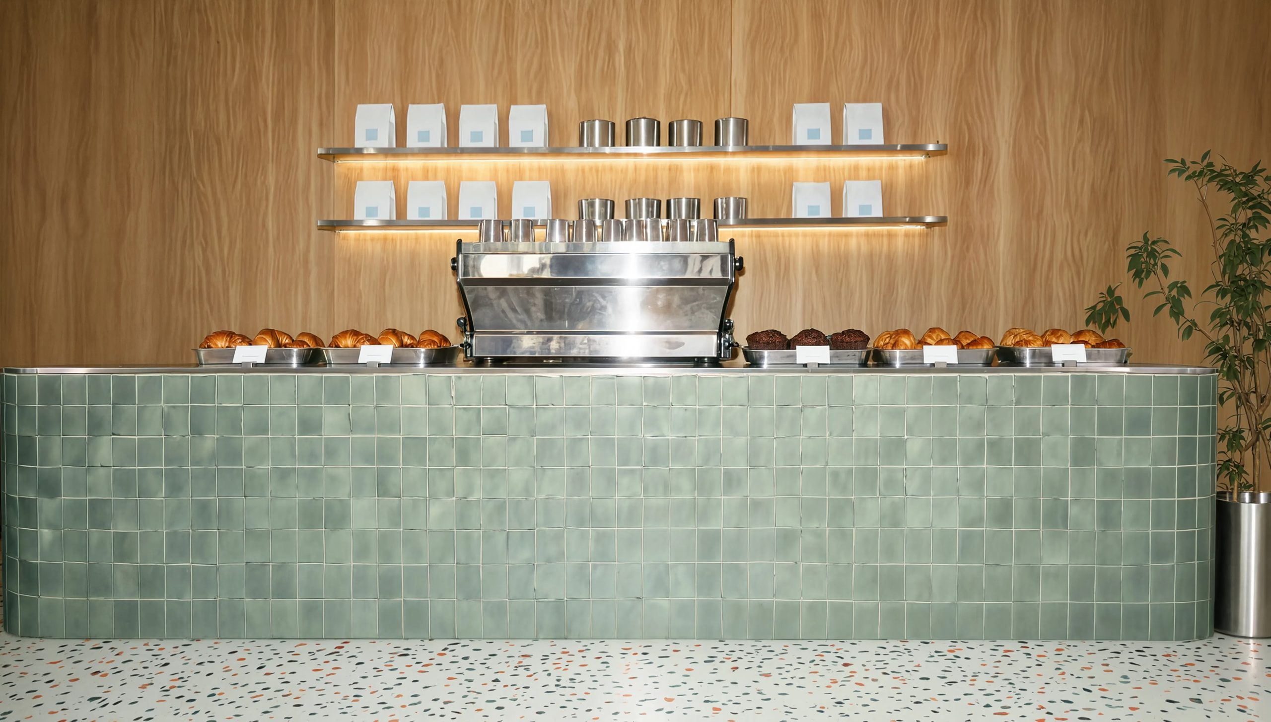 A specialty coffee counter — sage-green tiled bar, chrome La Marzocco espresso machine, lit wood shelving.